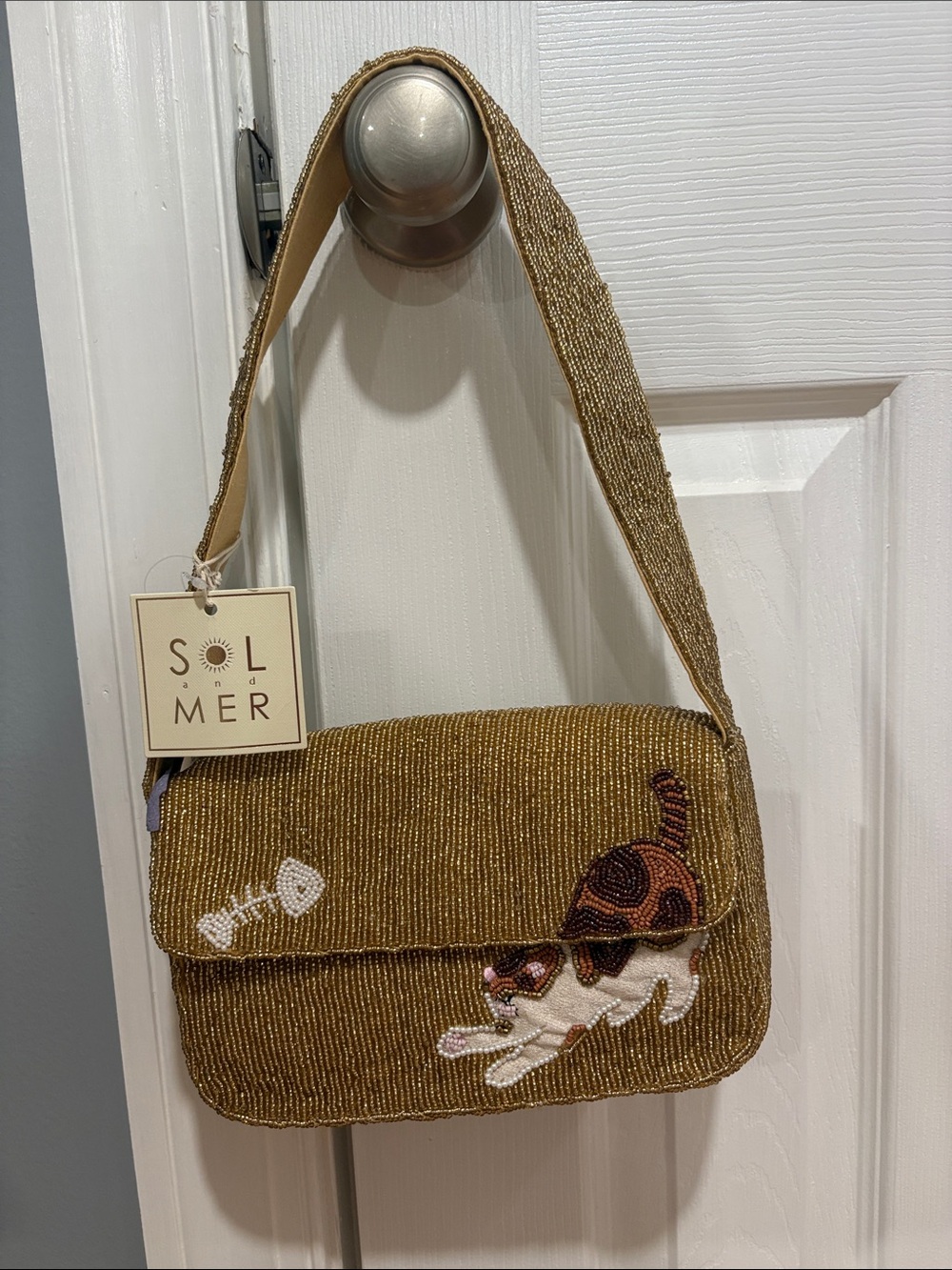Gold Beaded Shoulder Bag with Cat Motif - Picture 1 of 3